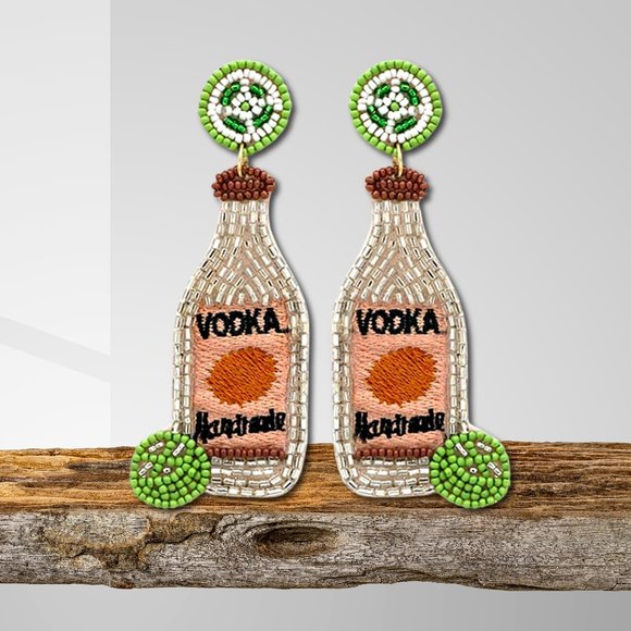Tito's Handmade Vodka Bottle with Lime Beaded Statement Bartender Party Earrings - Picture 3 of 3